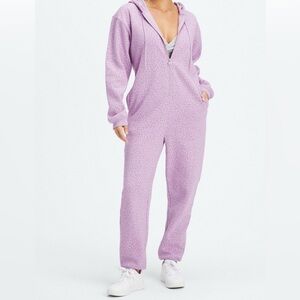 Fabletics Leopard forever fleece hooded onesie jumpsuit romper purple large